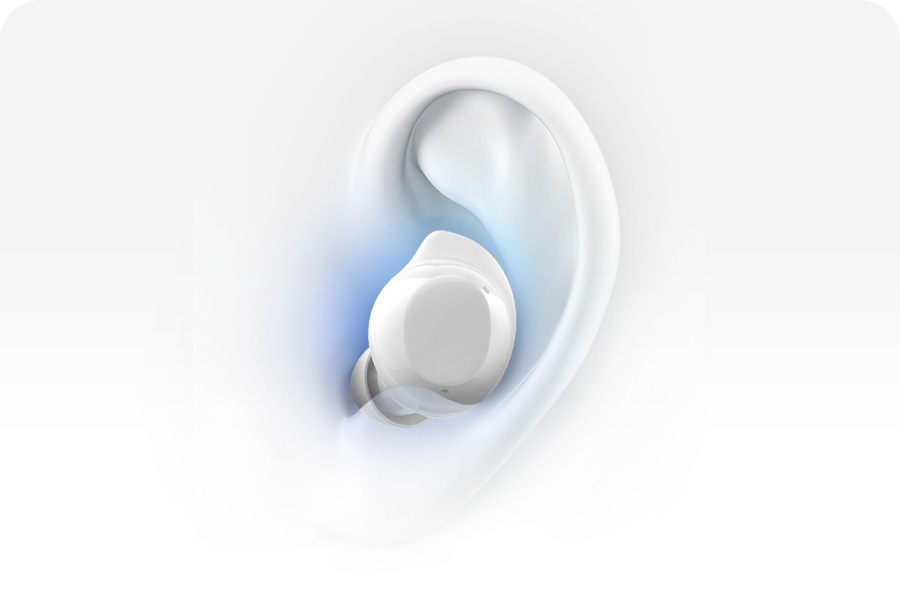 A single, white colored Galaxy Buds Core earbud first appears on screen, followed by an ear wearing the earbud. While worn, a shade appears around the earbud.