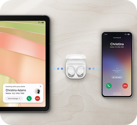 A Samsung Galaxy Tab on the left, white Galaxy Buds Core in the middle and Samsung Galaxy smartphone on the right showing how Auto Switch on Galaxy Buds Core can easily switch between multiple devices.