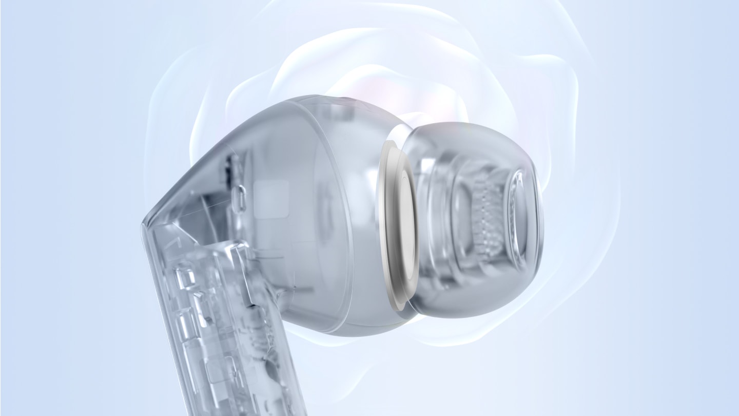 Side view of a transparent Galaxy Buds3 FE, revealing the speaker inside the earbud. Galaxy Buds3 FE makes a slight turn with the internal speaker vibrating to represent emitted sound, and transitions from transparent to black.