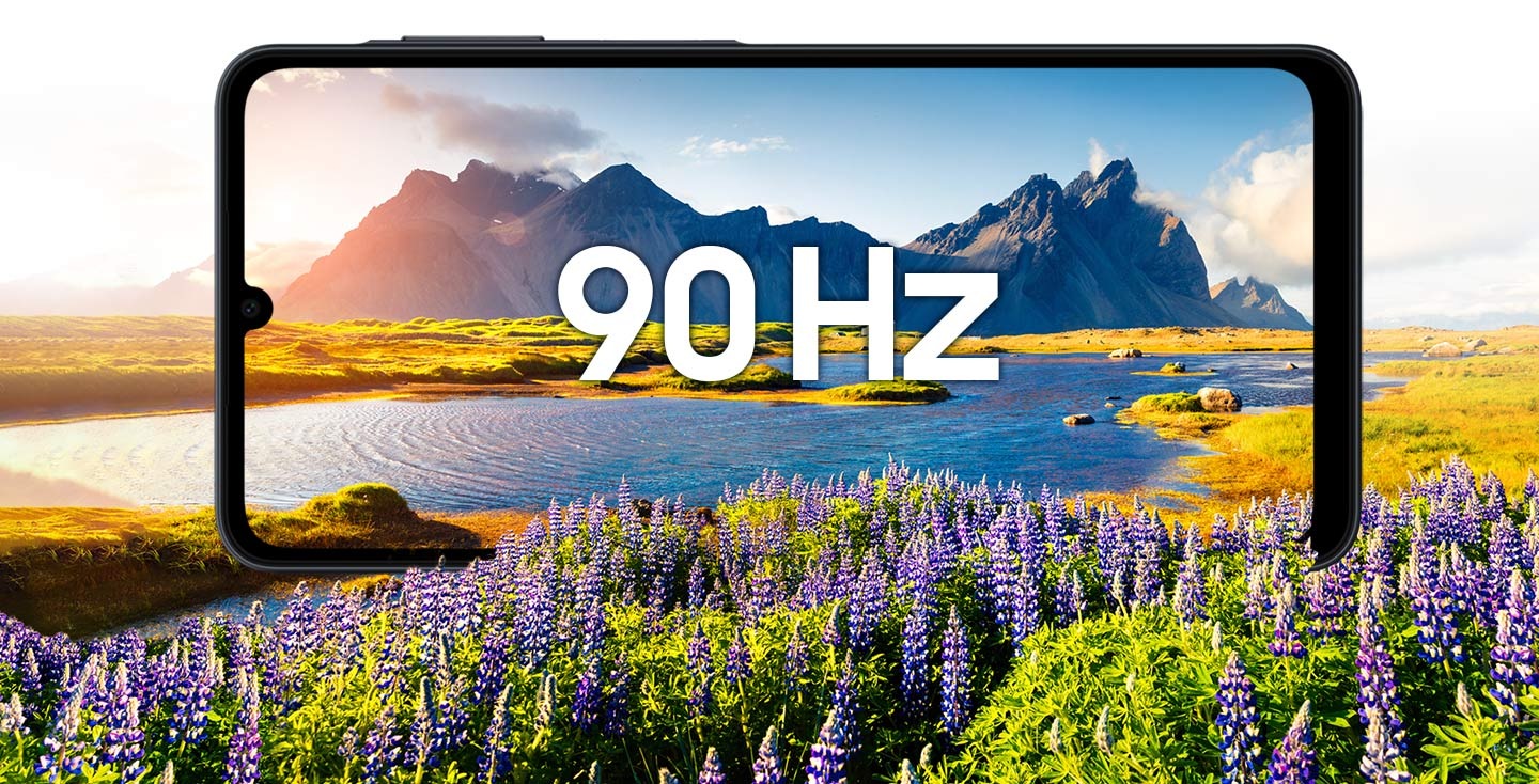 Le Galaxy A07 affiche un paysage éclatant avec le texte « 90 Hz » à l'écran, mettant en valeur son écran de 6,7 pouces et son taux de rafraîchissement de 90 Hz.