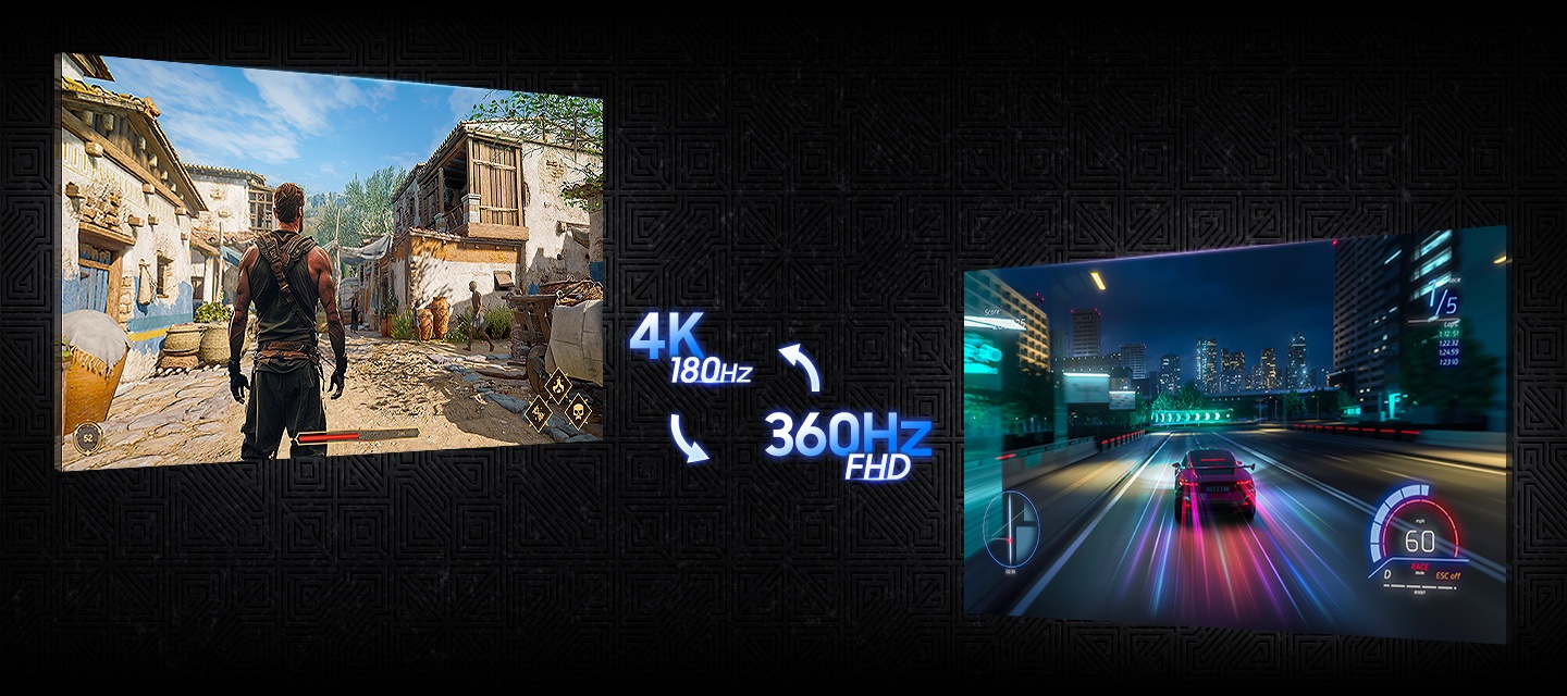 Two screens show different games. One game is displayed in 4K at 180Hz, and the other is displayed at 360Hz in FHD.