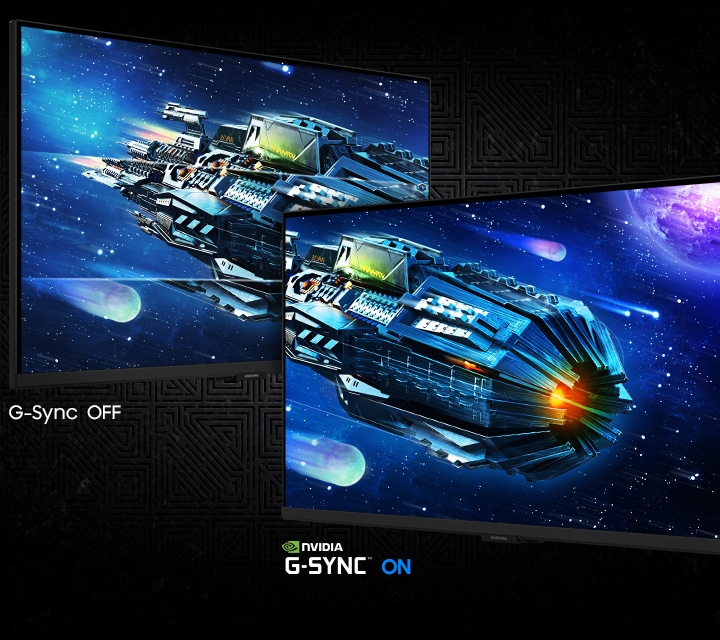Two screens show a rocket ship in space with meteors. NVIDIA G-SYNC OFF shows a choppier image than NVIDIA G-SYNC ON.