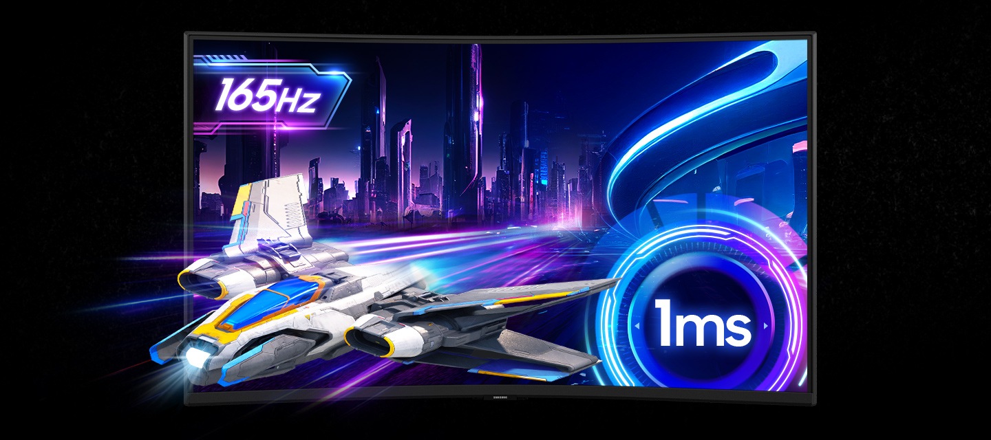 Spacecraft dashing out of the screen showing neon buildings. 165Hz refresh rate and 1ms response time.