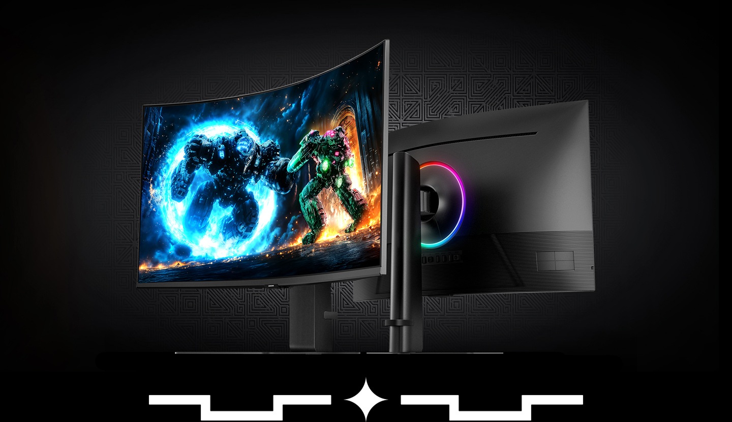 Epic Screen. Epic Play. Two curved monitors back to back. One of the monitors shows a character coming out of the portal to fight another character. The other monitor shows a back panel with a colorful circle at the center.