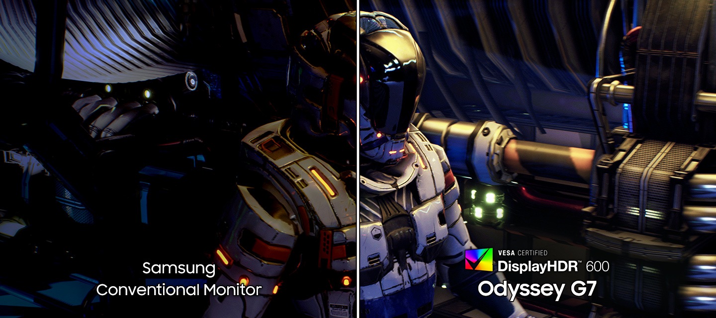 A character inside spacecraft. Samsung Conventional Monitor shows a dimmer image compared to VESA Certified DisplayHDR 600 Odyssey G7 monitor.