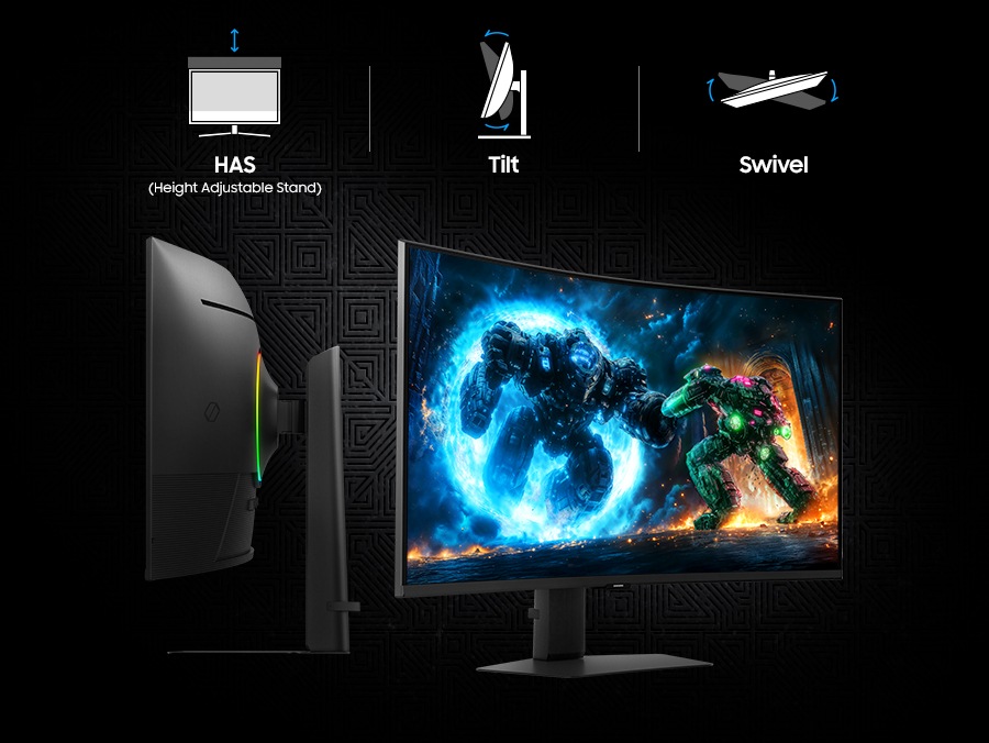 Two curved monitors back to back. Illustrations for HAS (Height Adjustable Stand), Tilt, and Swivel.