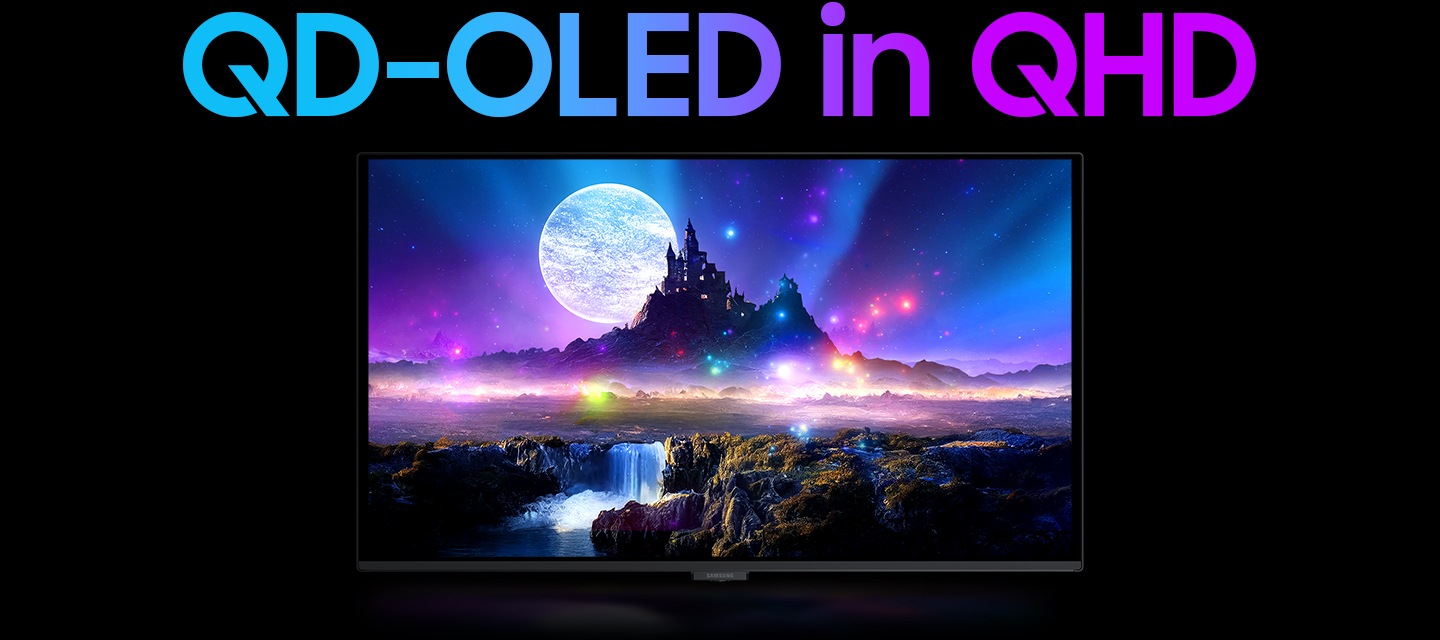 QD-OLED in QHD. A bird's-eye view of the monitor. The monitor flips to reveal the screen. Small pixels merge to form a clear image of a castle and a waterfall. A planet in the background. Tiny lights shine as it moves inside the screen.