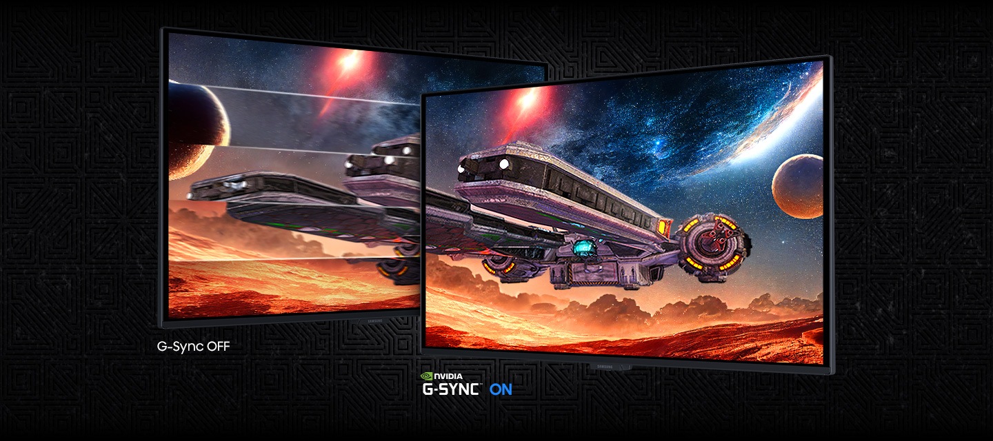 Two screens show a spacecraft in space. NVIDIA G-SYNC OFF shows a choppier image than NVIDIA G-SYNC ON.