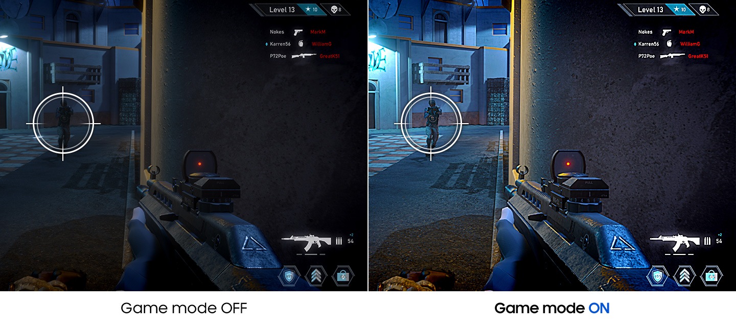The same game screen is being compared from side to side. While the image on the left with Game Mode off is dark and the opposite enemy is hard to be found, the enemy can be found easily in the image on the right with Game Mode on.