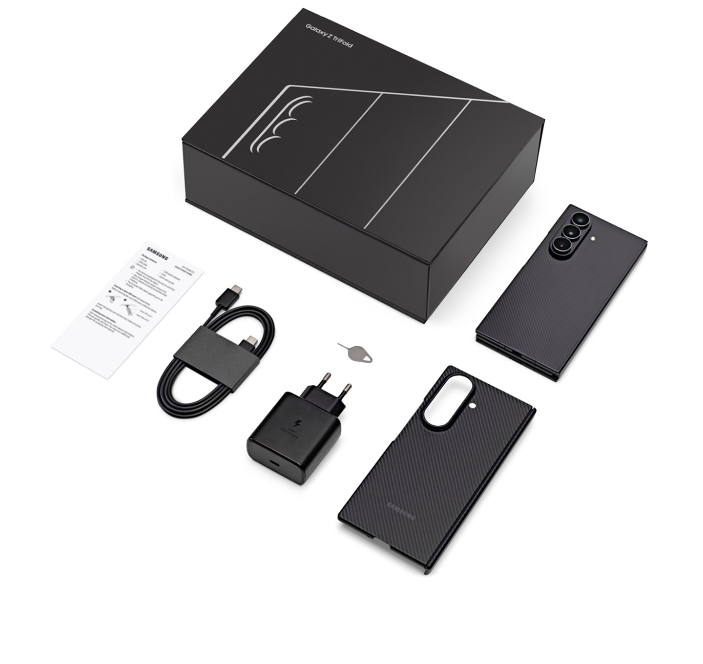 'An aerial view of the items that come in the box with Galaxy Z TriFold: the matte black package, the device, the case, the SIM ejector pin, the 45 watt power adapter, data cable and intro guide.