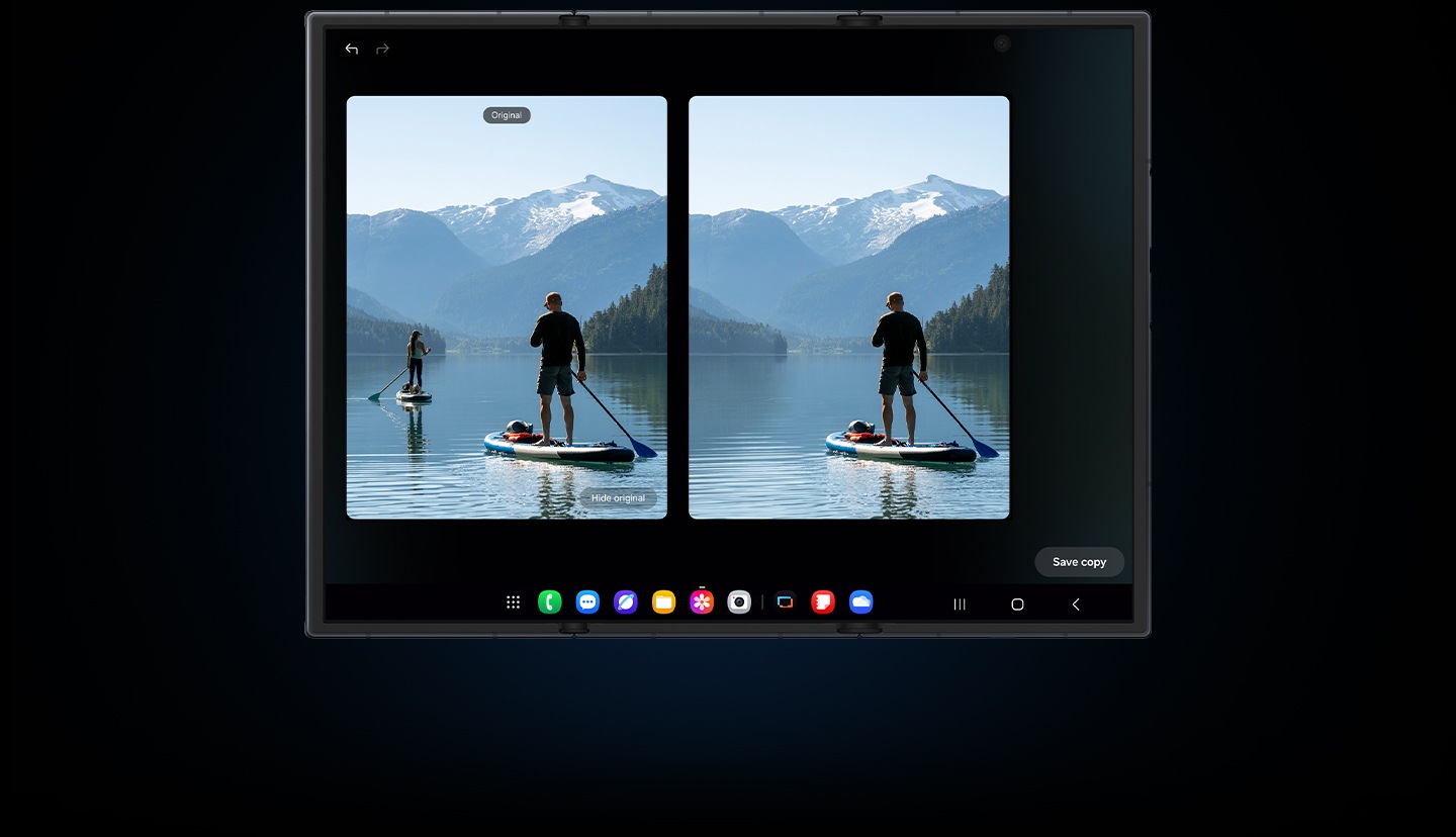 Galaxy Z TriFold unfolded. A photo of someone at a beach is being edited with Photo Assist. On the main screen, the original and the photo edited by Galaxy AI are shown side-by-side to demonstrate how Galaxy AI was able to remove the boat in the original photo.