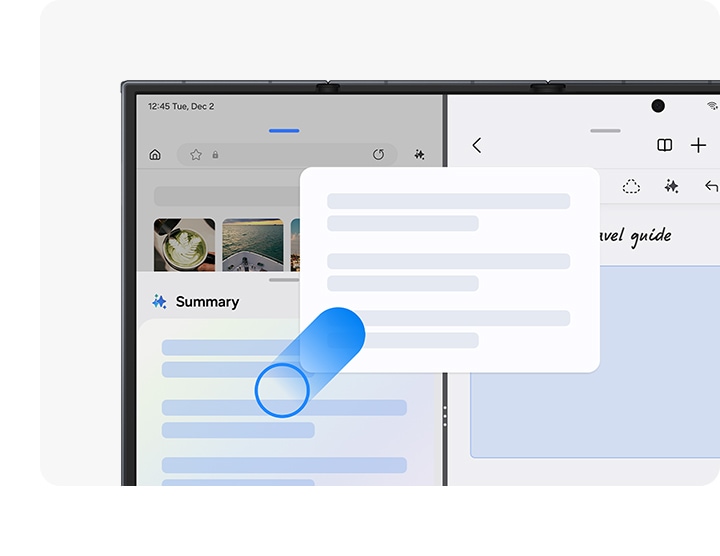 A summary from a website is being dragged and dropped into the Notes app on Galaxy Z TriFold's main screen.