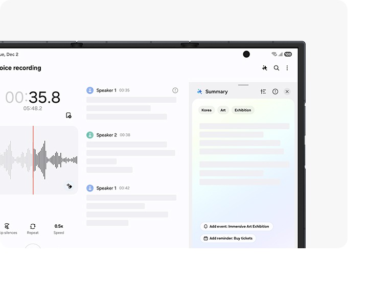 The main screen of Galaxy Z TriFold is seen and Transcript Assist is active. Galaxy AI has summarized a recording, pulled relevant keywords and is making schedule suggestions based on the contents.