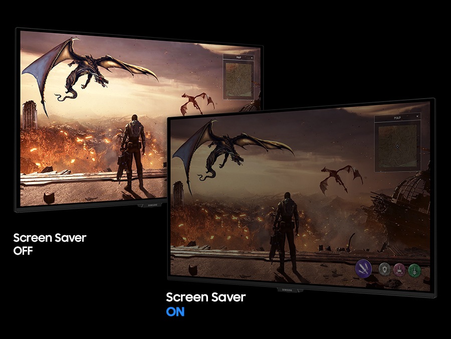 A bright and dimmed screen shows dragons flying above the character. One reads "Screen Saver OFF," and the other "Screen Saver ON."
