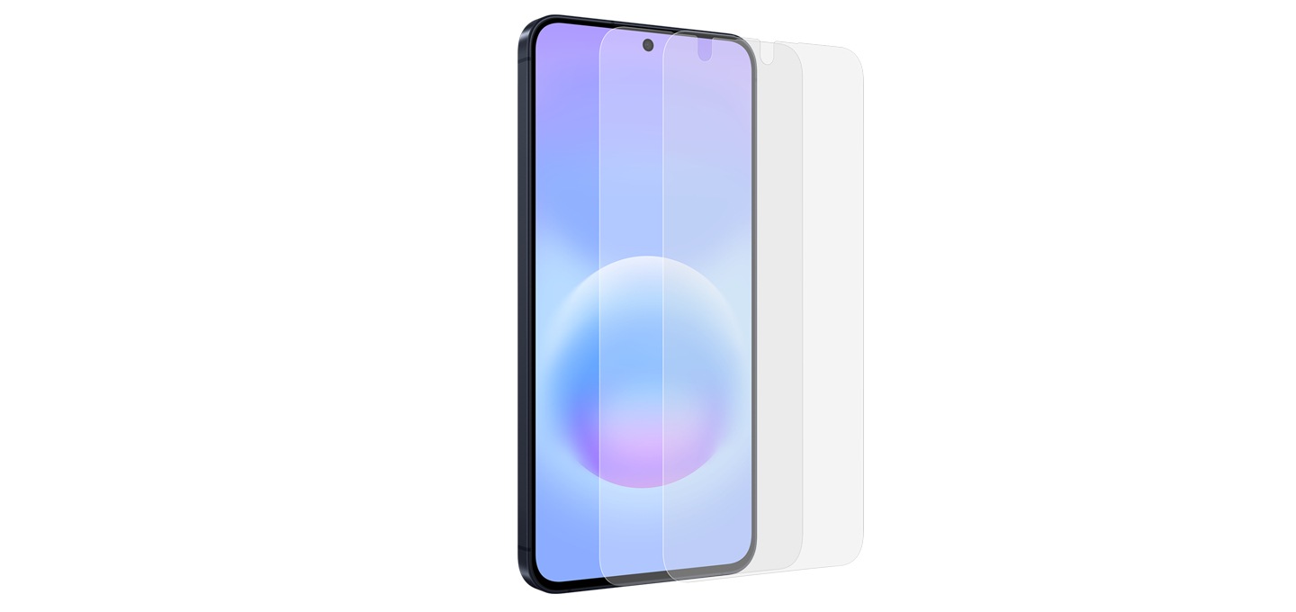 A tilted Samsung Galaxy A57 5G and Screen Protector