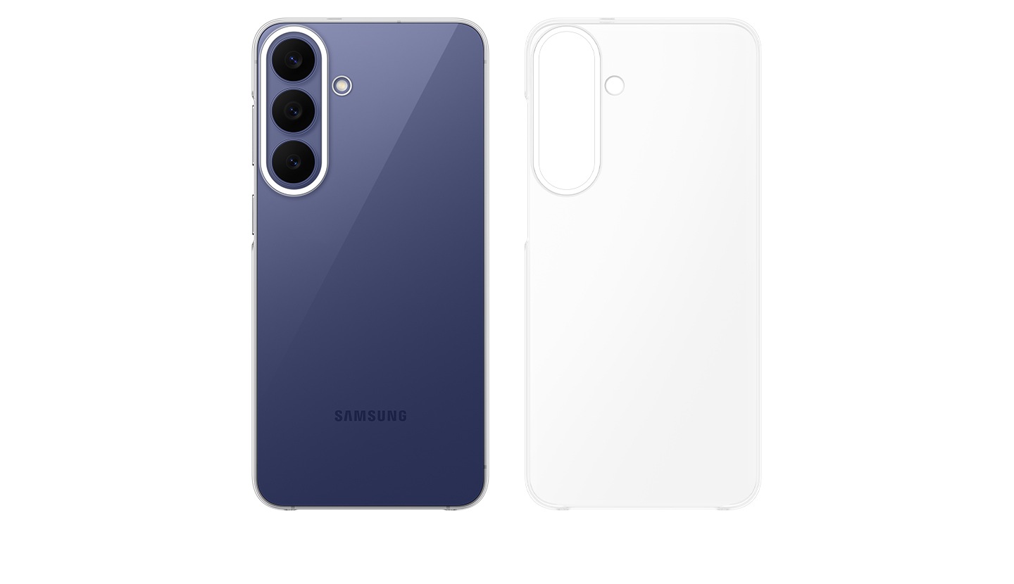 Rear view of two Clear Cases side by side, one fitted on Samsung Galaxy S26 FE in Blueberry and the other shown without a device, highlighting the case's clear, transparent design.