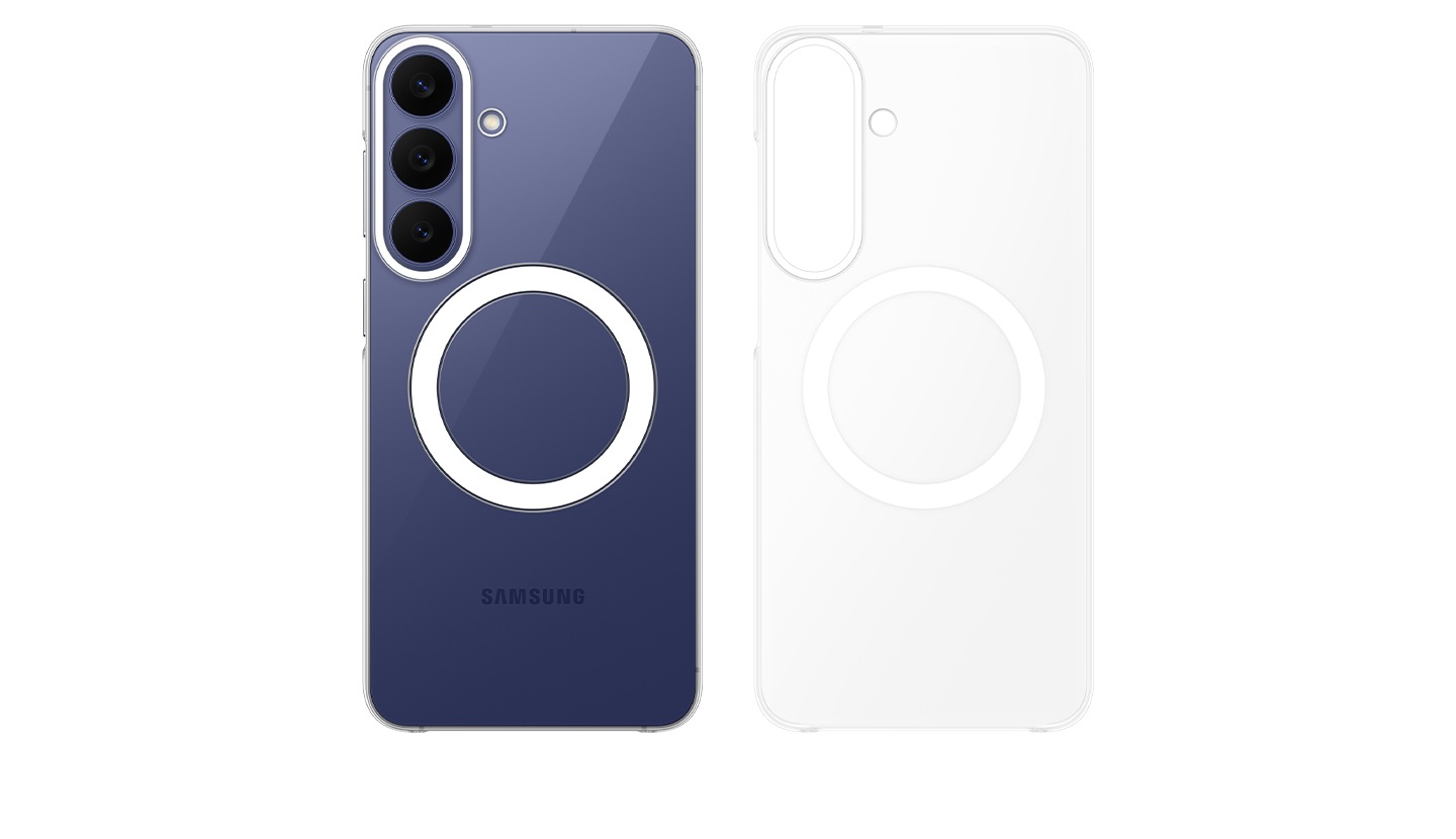 Rear view of two Clear Magnet Cases side by side, one fitted on Samsung Galaxy S26 FE in Blueberry and the other shown without a device, highlighting the case's clear, transparent design.