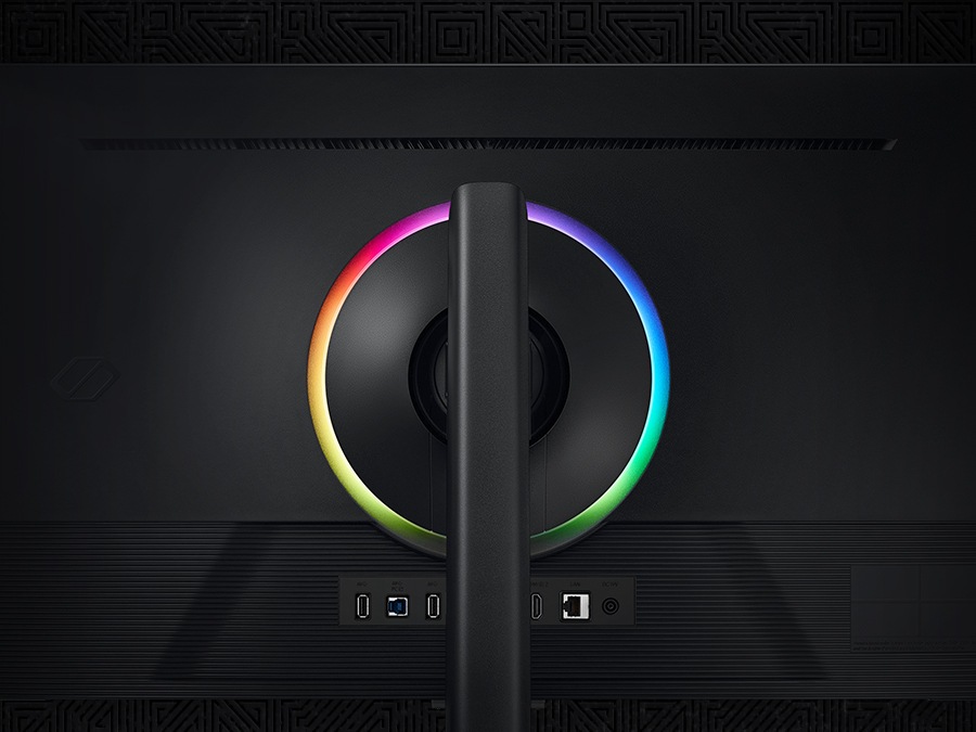 A closeup of the back of an Odyssey monitor is shown and a rainbow ring of lighting rotating clockwise.