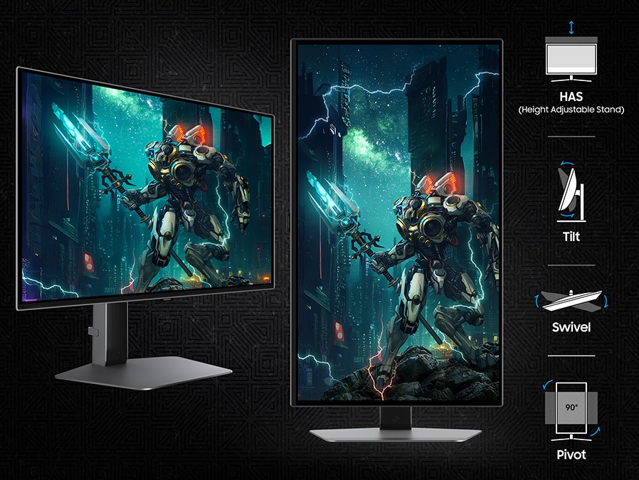There are two Odyssey OLED G6 with a futuristic robot on screen. One of them is in a pivot mode, showing more vertical area of the image than the other. Next to them, the ergonomic options are listed: HAS (height adjustable stand), Tilt, Swivel, and Pivot(90°).