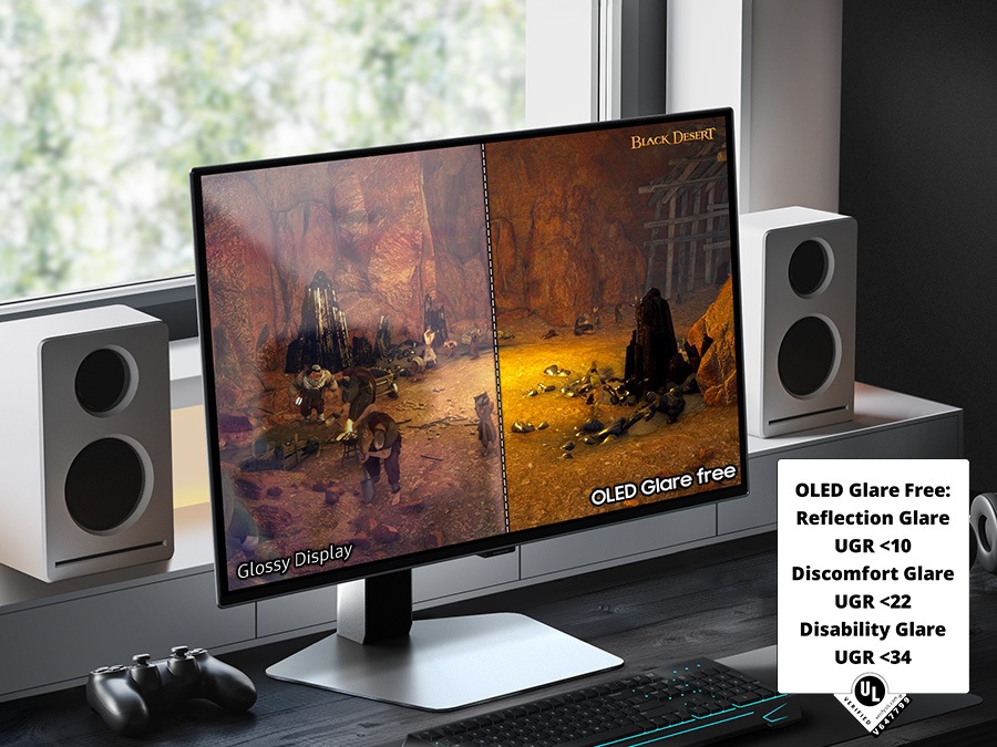 A monitor sits on a desk in a bright room, with a mouse, keyboard, and game controller on the desk. The monitor shows a scene from the game Black Desert, split in half. The right side of the monitor, labeled "OLED Glare Free" is more clear with less reflection than the left side, labeled, "Glossy Display." A badge in the bottom right corner shares glare-free specifications, reading "OLED Glare Free: Reflection Glare UGR <10. Discomfort Glare UGR<22. Disability Glare UGR <34. UL, VERIFIED, verify.UL.com, V647799"