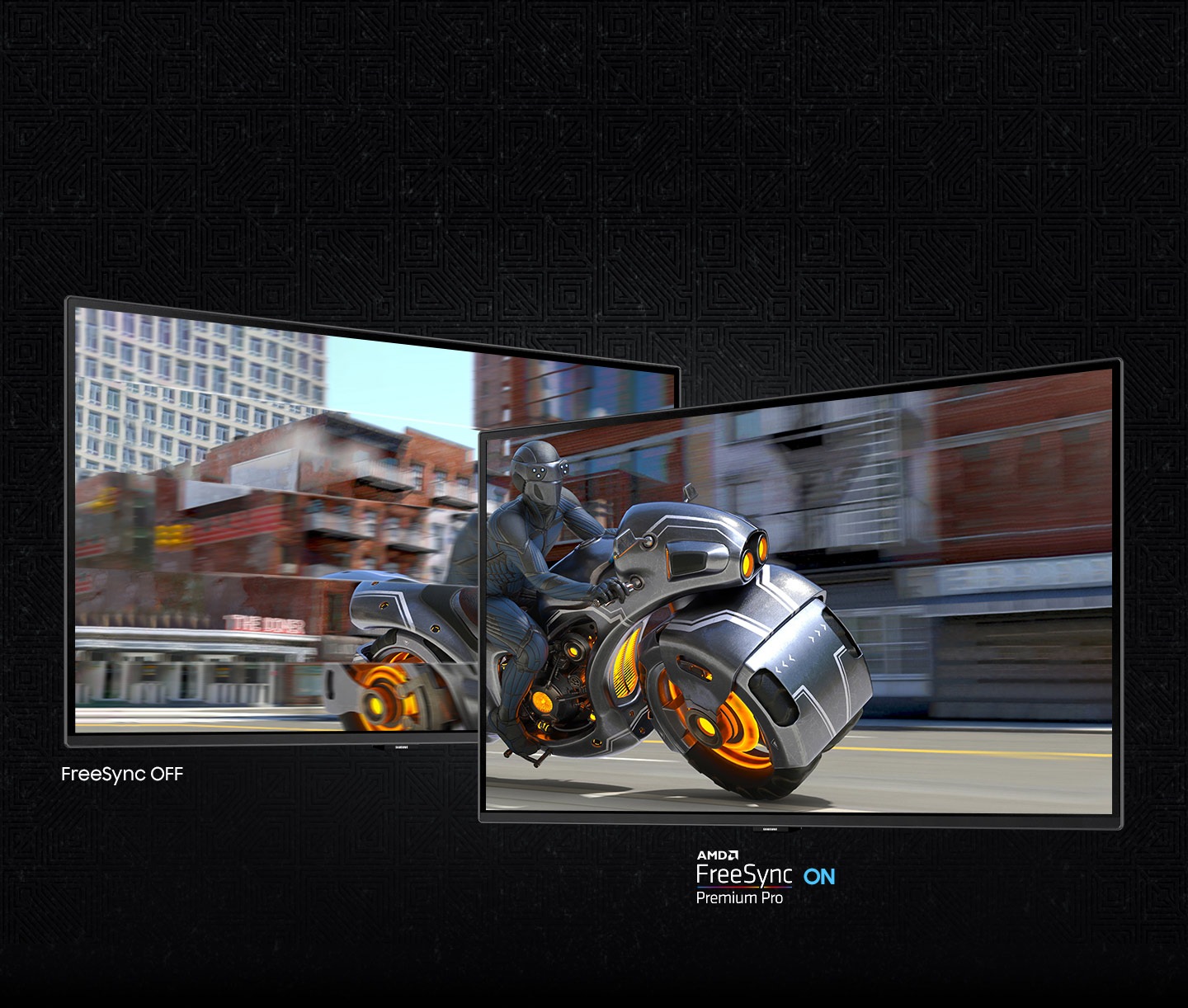 A screen shows a man riding a futuristic motorcycle and it is divided into two sections. The left section, labled "FreeSync OFF" shows the screen stuttering. The right side, labled "AMD FreeSync Premium Pro ON" is clear.