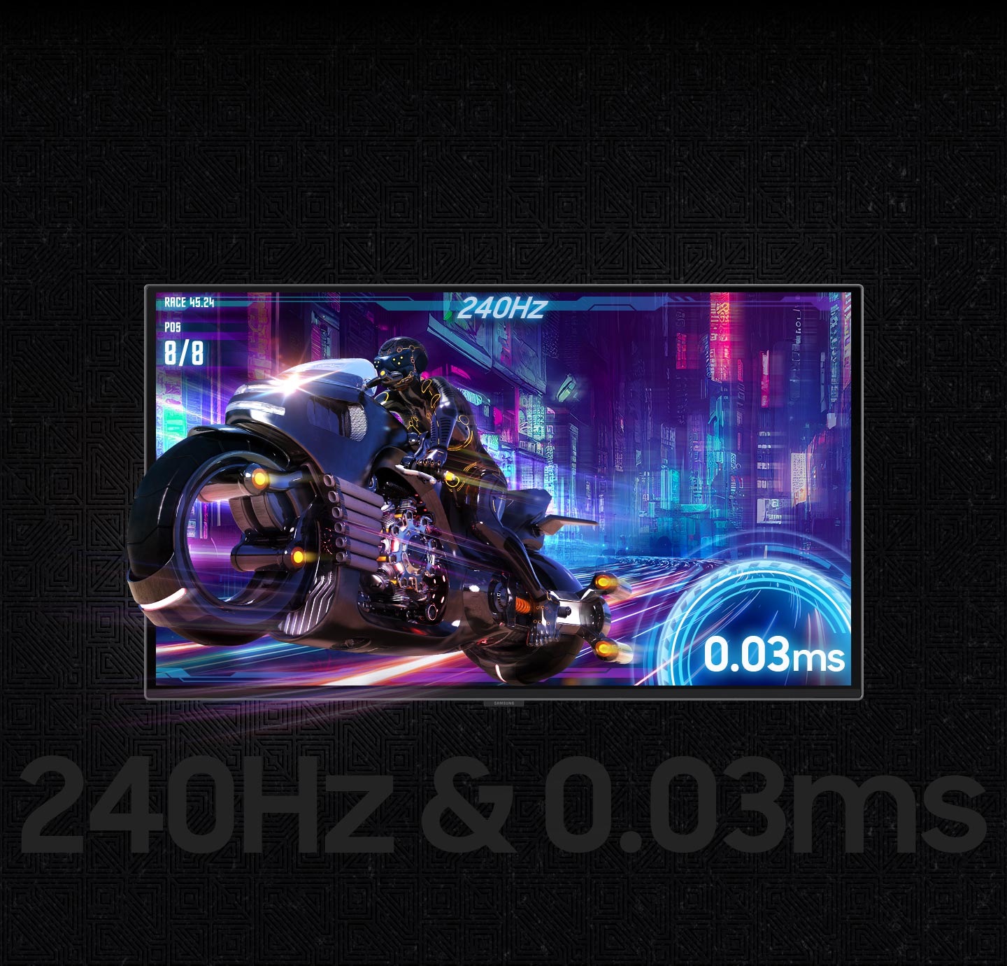 On the monitor screen, cars race out of a monitor, away from a futuristic city.