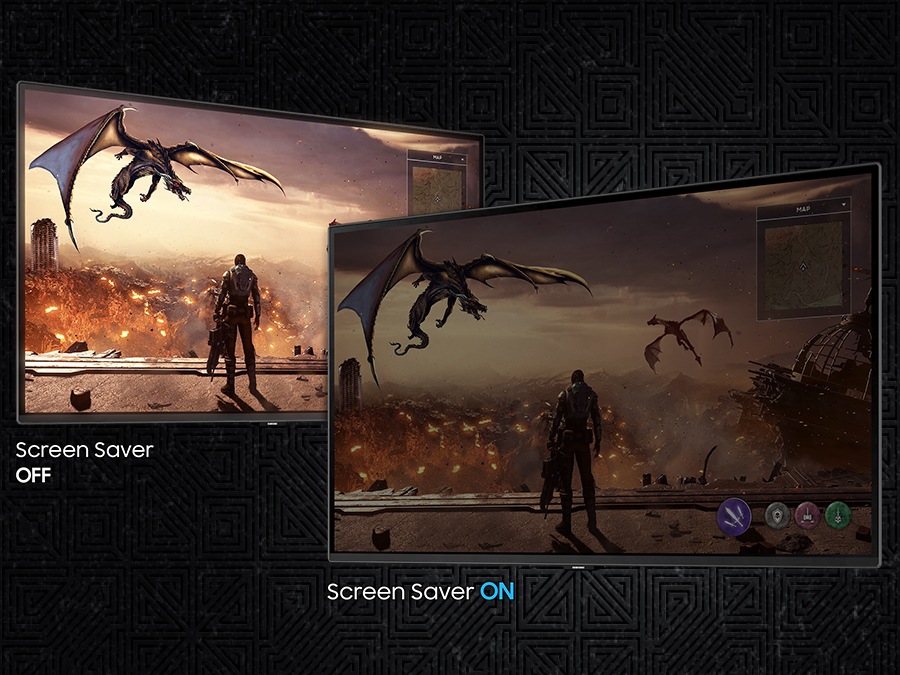 A screen is shown twice, with a man in front of a dragon flying over a battlefield. The left screen is labeled "Screen Saver OFF," showing the screen at full brightness. The right screen, labeled "Screen Saver ON," is dimmer.