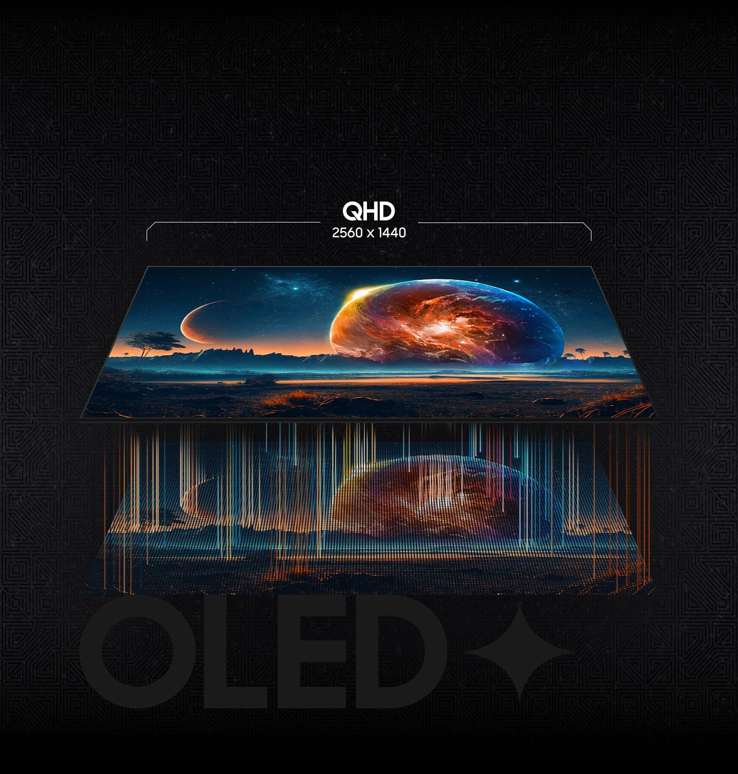 On a screen, an image of a planet, a moon and stars is shown over an exotic beach landscape. Below the screen, the image is shown broken down into many individual lights. And above them, the resolution of the monitor is indicated - 'QHD (2560x1440)'.