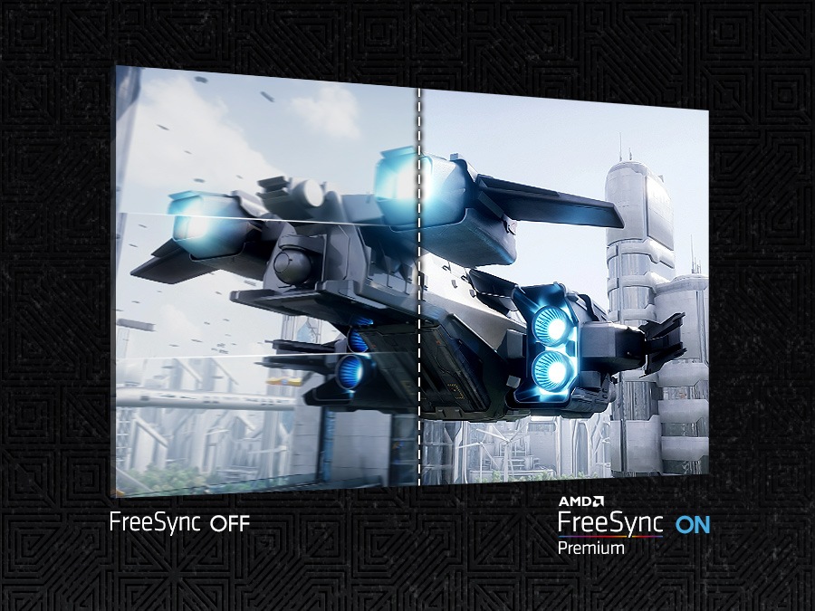 A screen shows a futuristic spaceship and it is divided into two sections. The left section, labled "FreeSync OFF" shows the screen stuttering. The right side, labled "AMD FreeSync Premium ON" is clear.