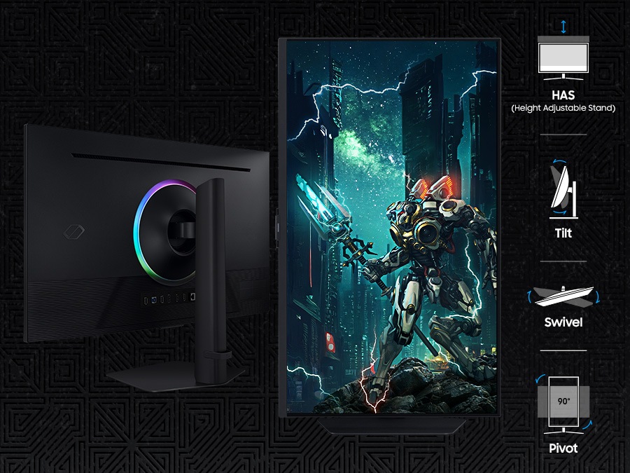 There are two Odyssey G7 with a futuristic robot on screen. One if them is in a pivot mode, while the other is facing the backside. Next to them, the ergonomic options are listed: HAS (height adjustable stand), Tilt, Swivel, and Pivot(90°).