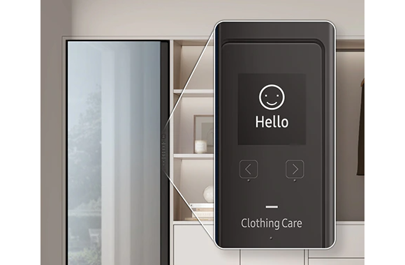 DF8000NM's Ai Function panel has Interactive Interface. Smile emoji and "Hello" message displays on the Clothing care panel.