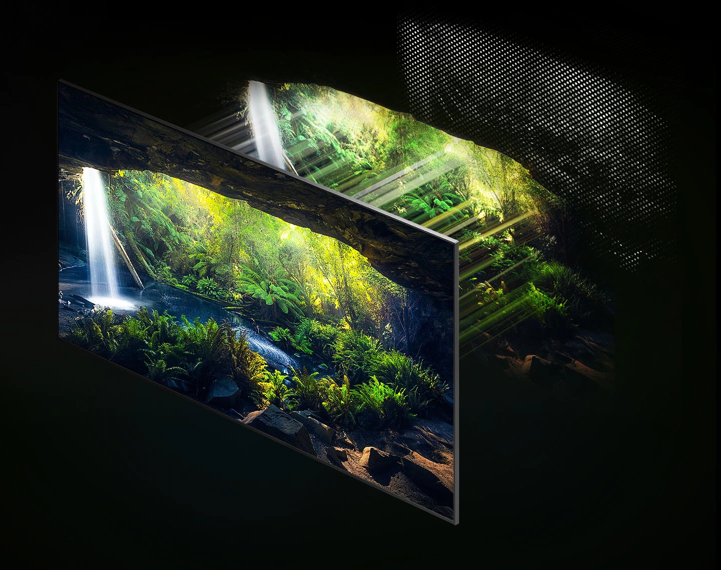 A QLED TV is divided into 3 layers to show grain-sized Quantum Mini LEDs that enhance sharpness and color volume of a forest-like environment on the screen via Quantum Matrix Technology Pro.