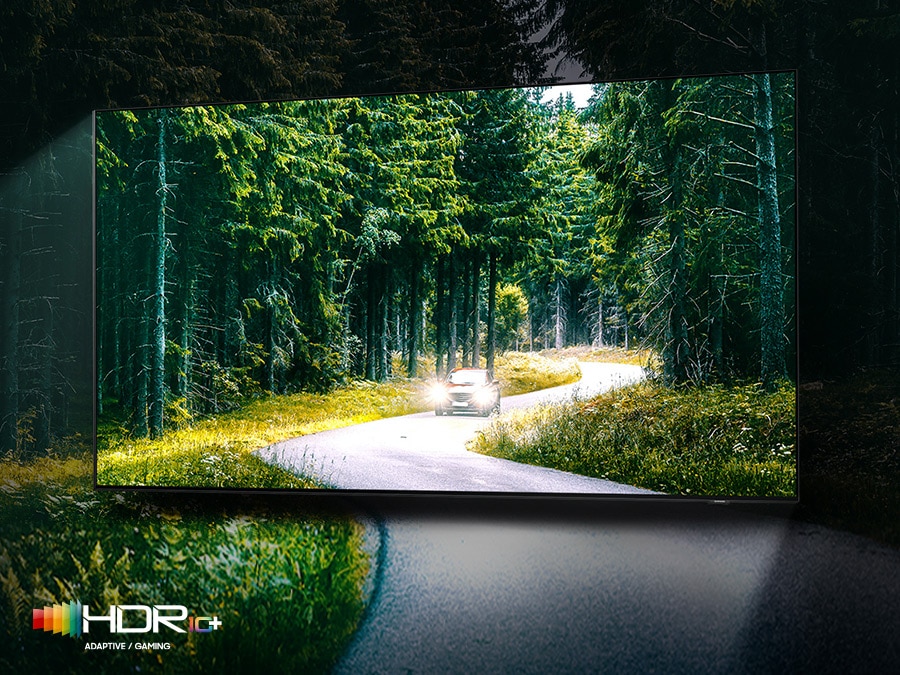 A car is running with lights on through the dense green forest on the TV screen. QLED TV shows accurate representation of bright and dark colors by catching small details. The HDR10  ADAPTIVE/GAMING logo is on display.
