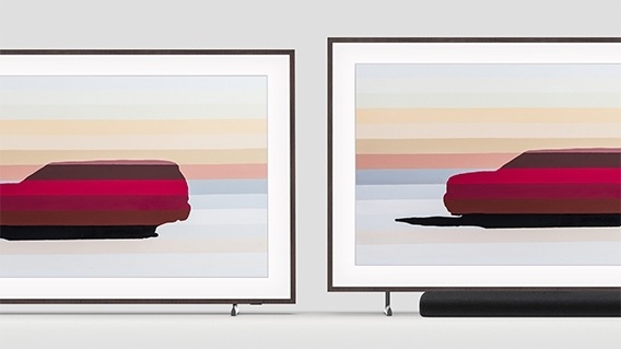 The Frame shows artwork and is using Height Adjustable Stand, illustrating its vertical height adjustability featurewhich allows it to fit a soundbar underneath The Frame's screen.
