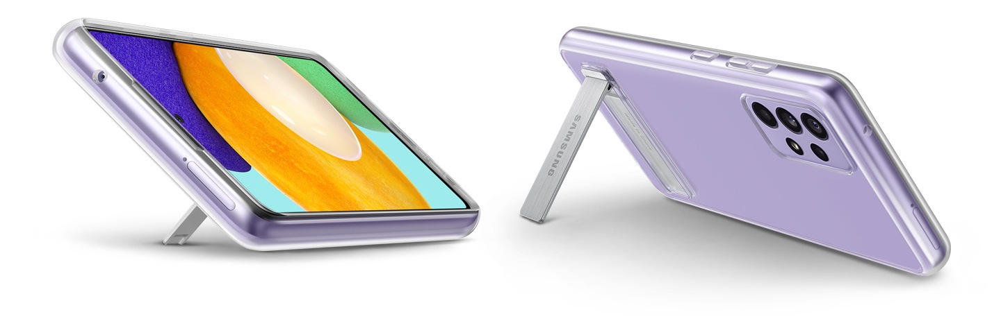 Kickstand supports it, so two violet Galaxy A52 with Clear Standing Cover can stand. Front tilted one is standing, showing on-screen of the device. Rear view of the other device is standing.