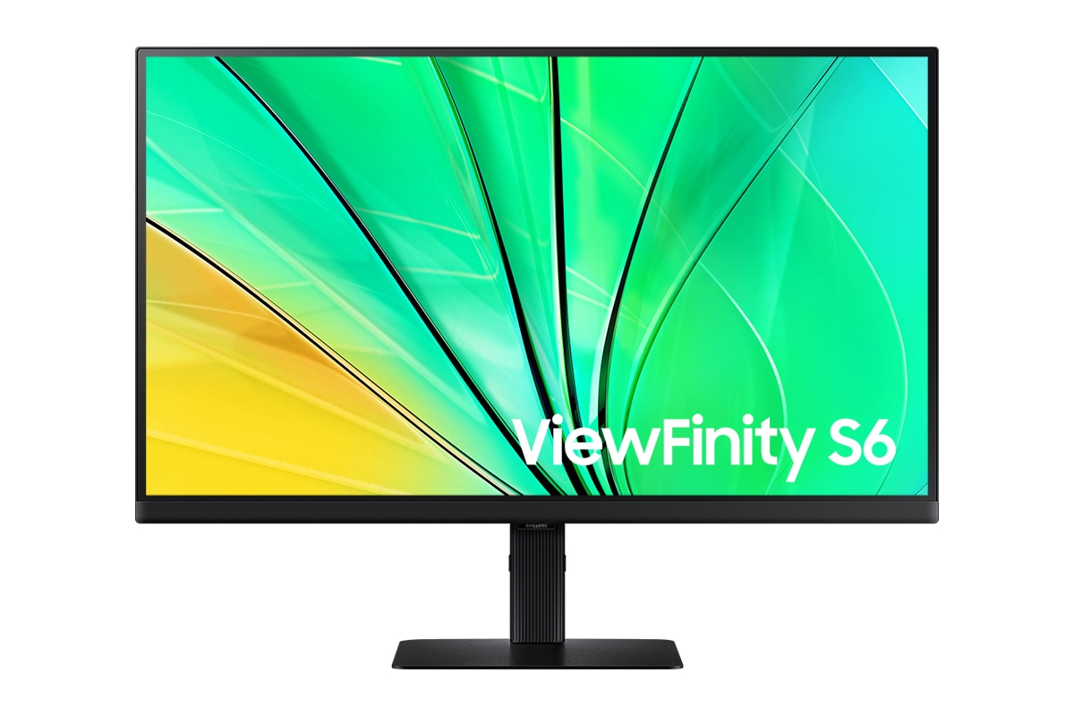 Front of 27 inch Samsung ViewFinity S60D with green wave on screen.