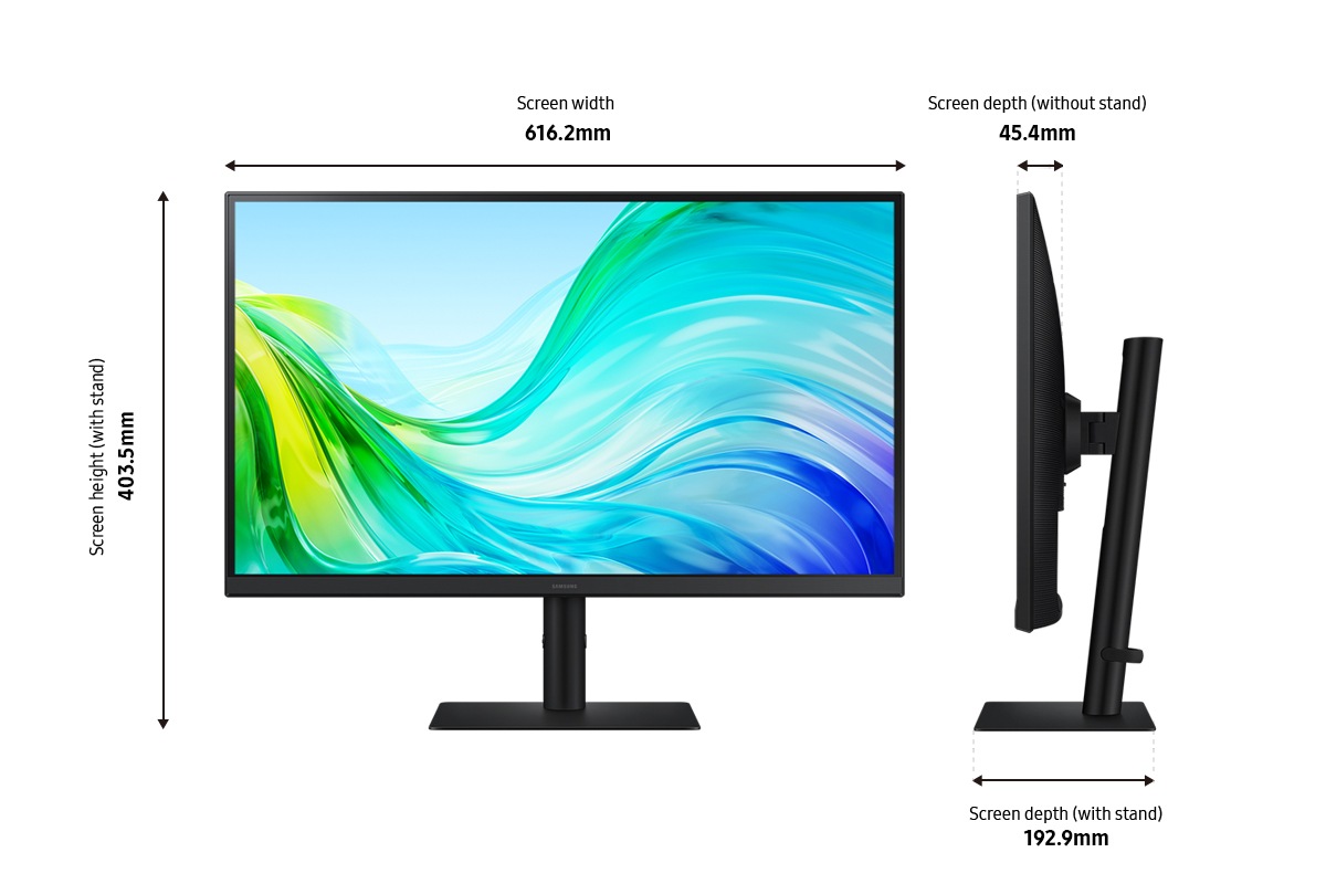 Dimension of Samsung ViewFinity S6 S61F (616.2x403.5x192.9 mm) with stand, and  screen depth of 45.4 mm without stand.