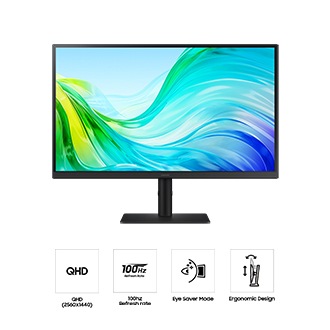 Front of  Samsung ViewFinity S6 S61F with an onscreen of a man in front of a portal, and four icons for features about QHD, 100Hz refresh rate, Eye Saver Mode, Ergonomic design.