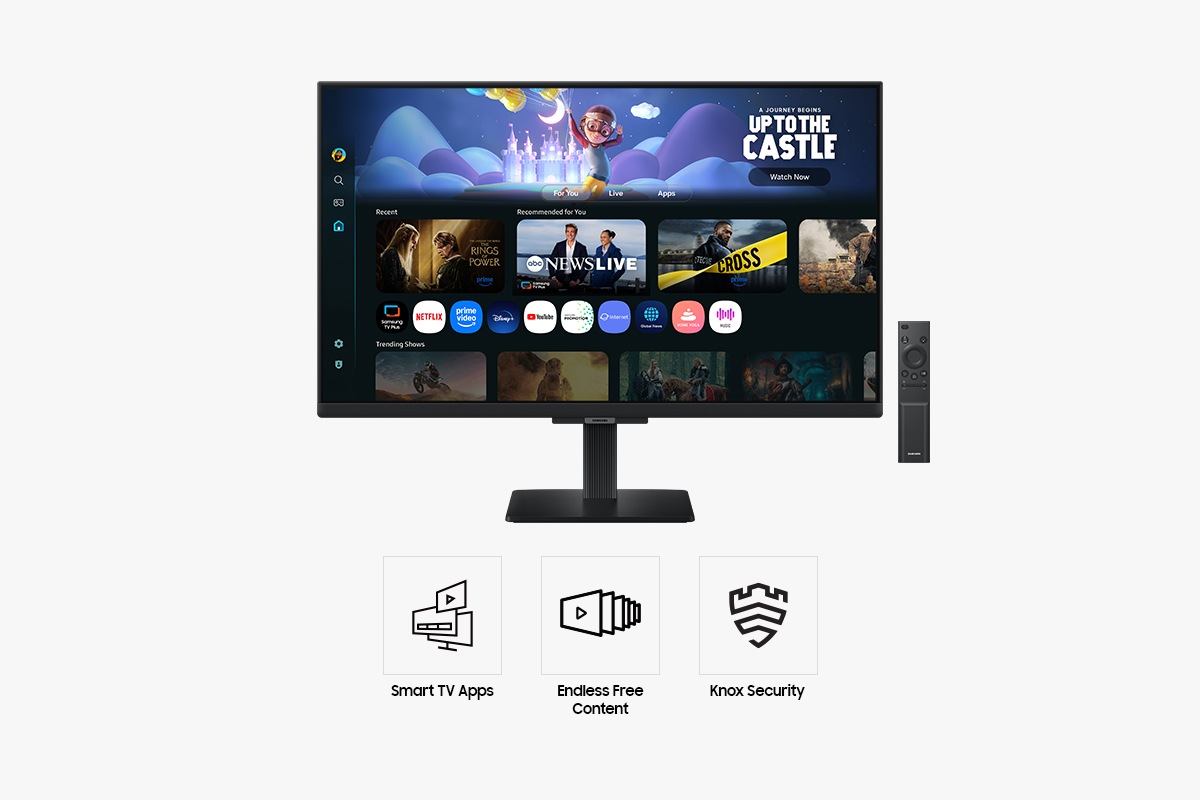Front of 27 inch Samsung Smart Monitor M5 with the screen showing Smart TV Apps page with various content and apps lined up, and a remote control. Three icons for features about Smart TV Apps, Endless Free Content, and Knox Security.