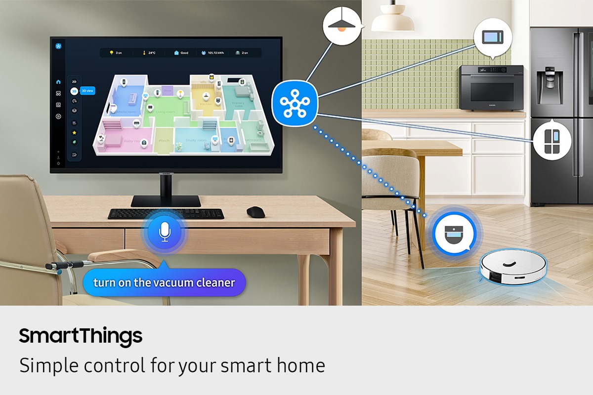 SmartThings. Simple control for your smart home. A monitor shows 3D Map View of home devices. Microwave, light bulb, refrigerator and vacuum cleaner connected to SmartThings icon. Microphone icon with dialogue bubble reading "turn on the vacuum cleaner." Vacuum cleaner turned on.