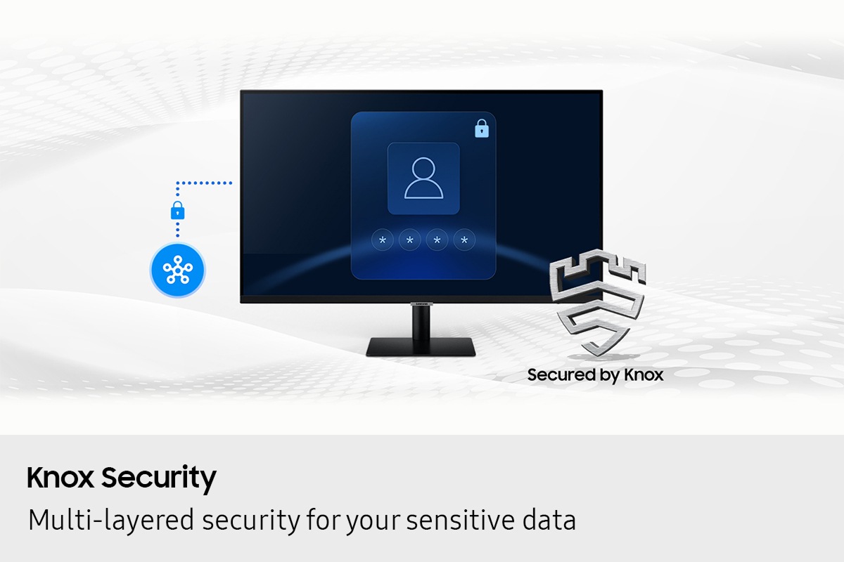 Knox Security. Multi-layered security for your sensitive data. SmartThings links to the monitor. Monitor shows a secure login screen. Secured by Knox logo.