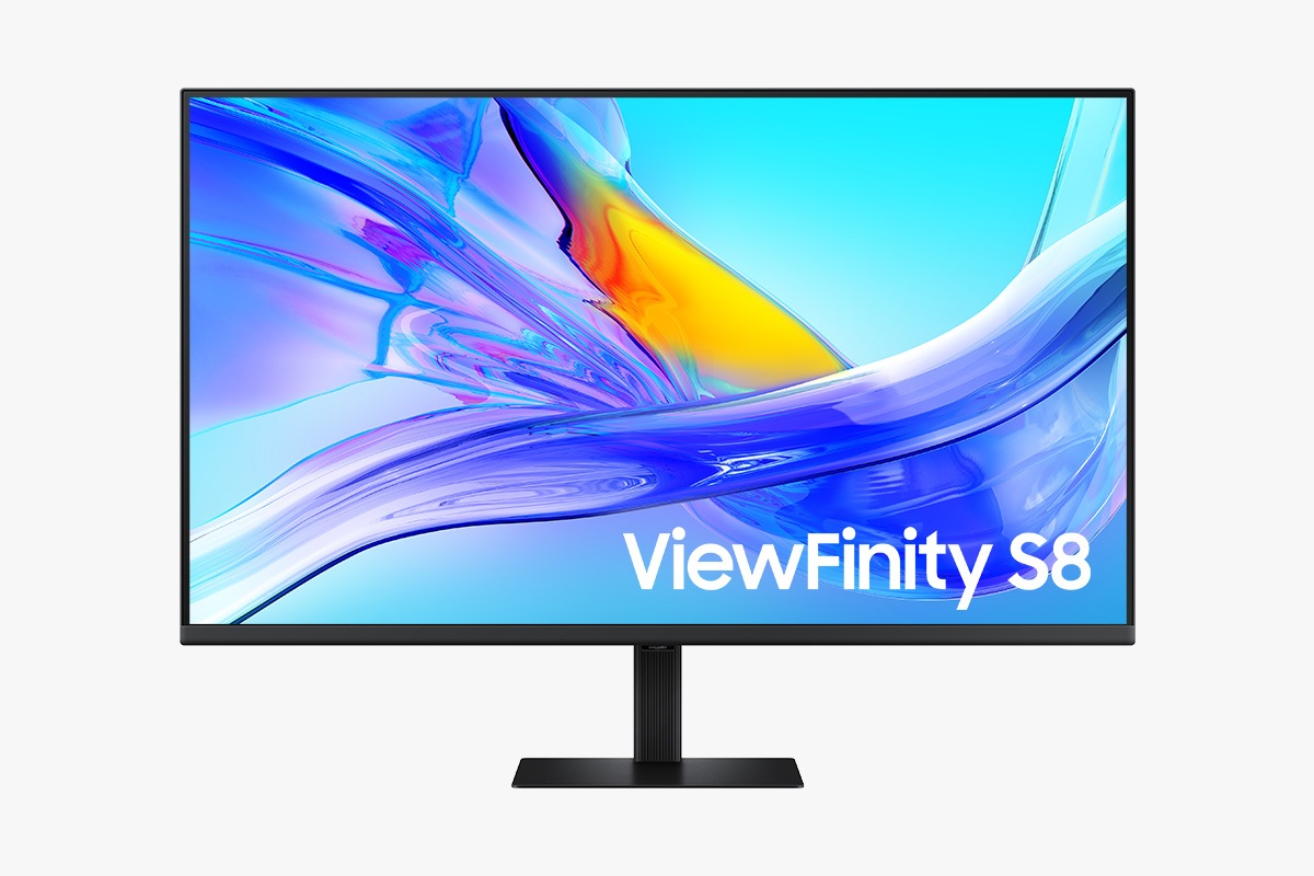 Front of 37 inch Samsung ViewFinity S8 S80UD with the screen showing abstract colorful patterns.