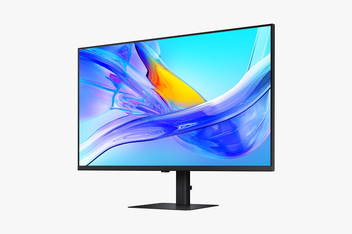 Front-right perspective of 37 inch Samsung ViewFinity S8 S80UD with the screen showing abstract colorful patterns.