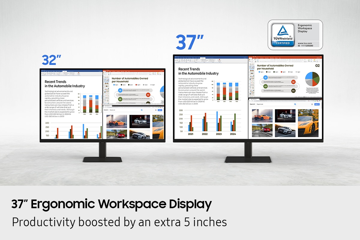 37” Ergonomic Workspace Display. Productivity boosted by an extra 5 inches. A 32" screen and a 37" screen both show three different pieces of content related to the car industry. TUVRheinland® CERTIFIED Ergonomic Workspace Display www.tuv.com ID 1111295690 logo.