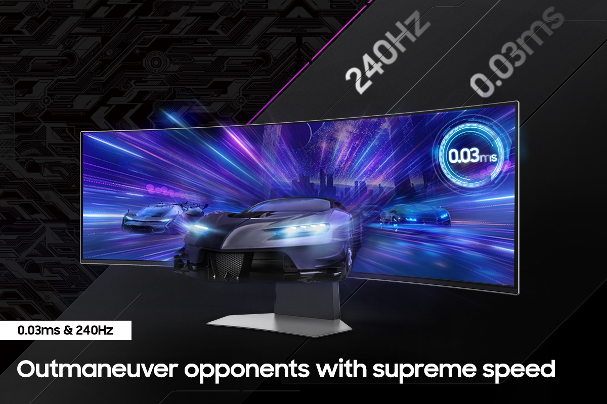 Samsung Odyssey OLED G9 delivers near instant reaction time with 0.03ms response time and 240hz refresh rate.