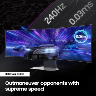 Samsung Odyssey OLED G9 delivers near instant reaction time with 0.03ms response time and 240hz refresh rate.