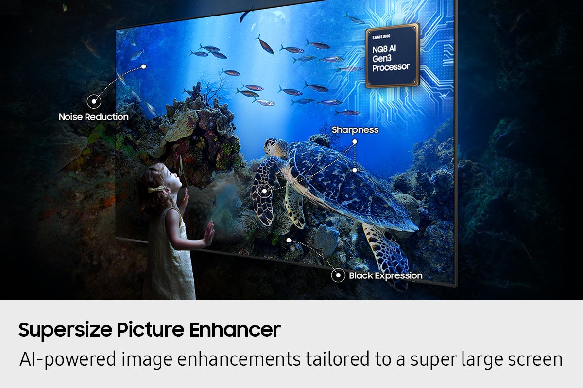 Boy views underwater scene with Sharpness, Noise Reduction and Black Expression optimized by Samsung NQ8 AI Gen3 Processor with Mini LED.