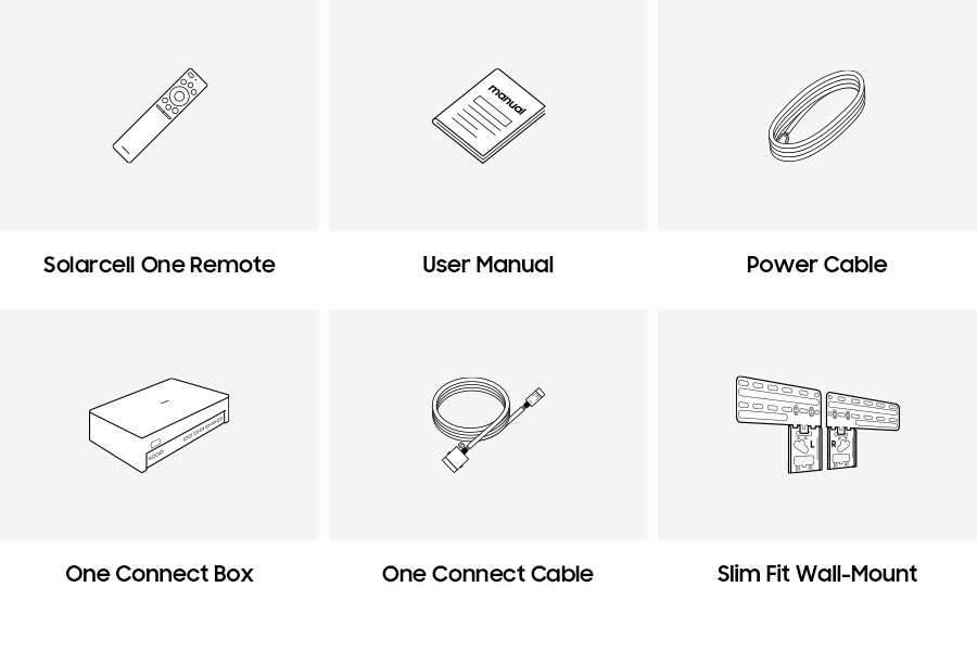 Samsung 2024 The Frame LS03D accessories provided include One Connect, remote control, power cable and manual.