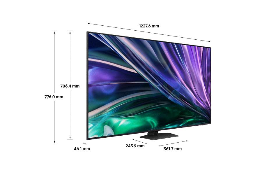 Dimension of Samsung Neo QLED TV(1227.6 x 776 x 46.1 mm) QN85D with black one touch hexagon stand
