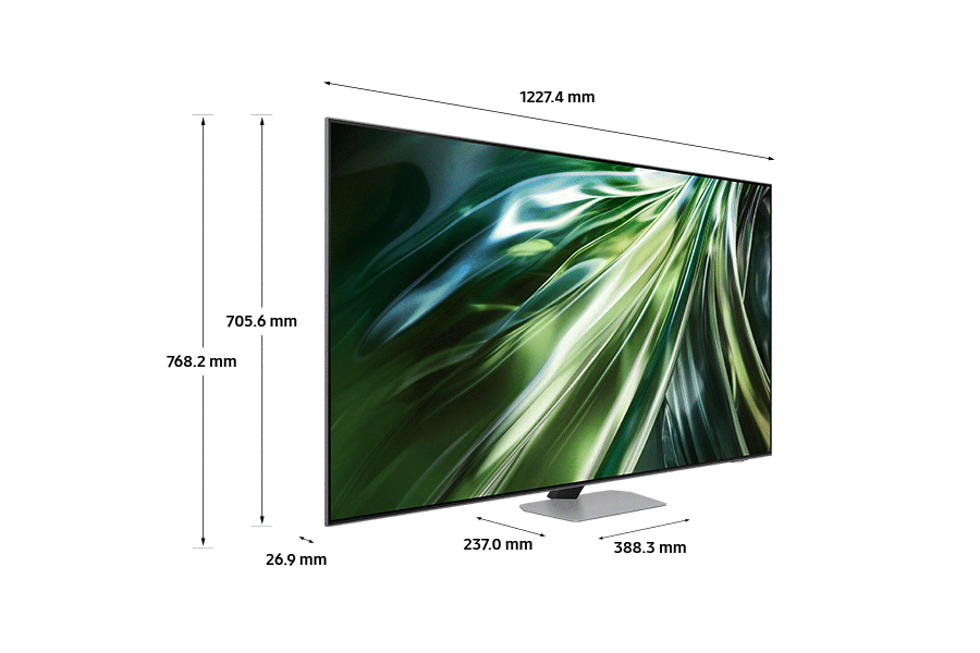 Dimension of Samsung Neo QLED TV(1227.4 x 768.2 x 26.9  mm) QN90D with silver sharp neck hexagon stand